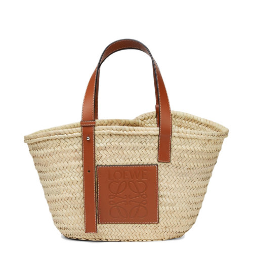 LOEWE/羅意威 Basket系列 自然色棕櫚葉編織棕褐色小牛皮提籃手提包0010111482