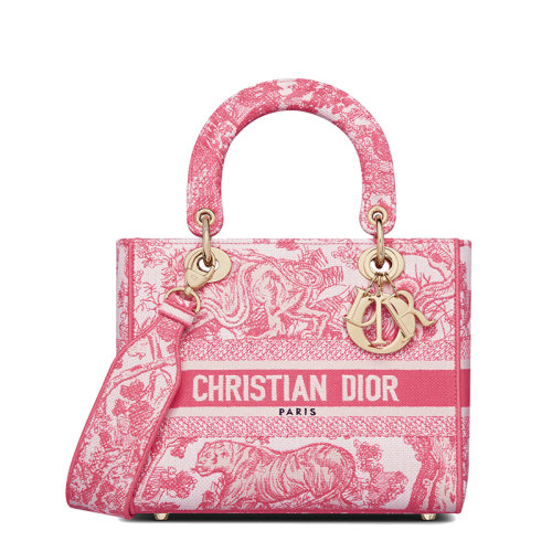  DIOR/迪奧 22春夏新款LADY D-LITE系列 女士中號牡丹粉色茹伊印花刺繡織物單肩手提戴妃包M0565OTDT_M75E