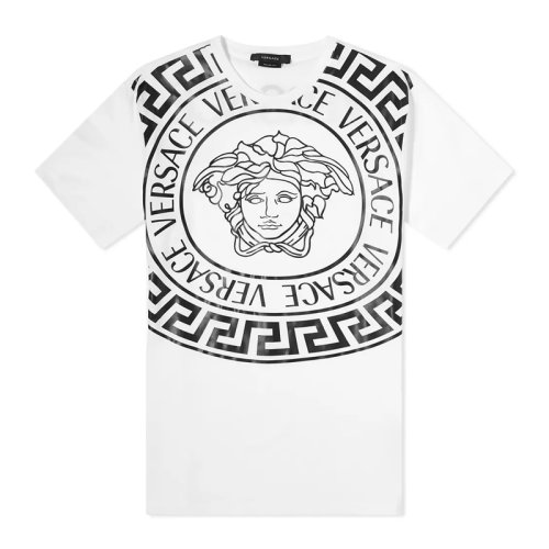VERSACE/范思哲 男士白色棉質(zhì)經(jīng)典字母徽標(biāo)美杜莎頭像希臘回紋印花圓領(lǐng)上衣短袖T恤 1000849-1A00614-2W020