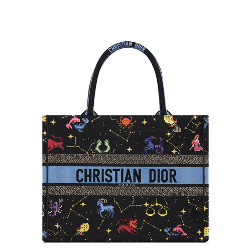 DIOR/迪奧 22新款Dior Book Tote系列 女士中號黑色多色織物動物生肖圖案印花刺繡徽標(biāo)刺印單肩手提托特包M1296ZRTY_M911