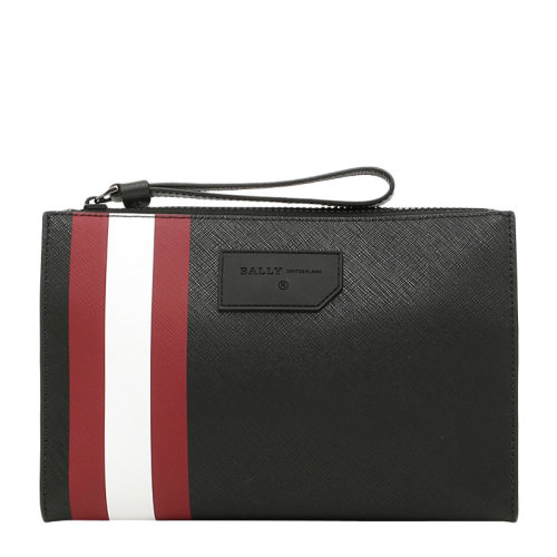 BALLY/巴利 男士黑色十字紋皮革經(jīng)典紅白條紋拉鏈開合公文包手拿包男包 6224071