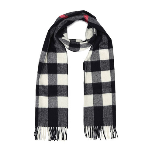 BURBERRY/博柏利 男士軍藍(lán)色羊絨格紋流蘇保暖御寒圍巾圍脖 4031054