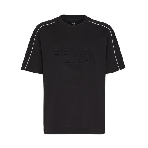 FENDI/芬迪 22年早春新款 男士黑色純棉對比色Roma滾邊短袖T恤FY1100AI7FF0QA1