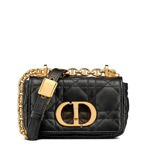 DIOR/迪奧 20  CARO系列 女士微型黑色柔軟小牛皮藤格紋CD扭紋扣翻蓋封口單肩斜挎包S2022UWHC_M900