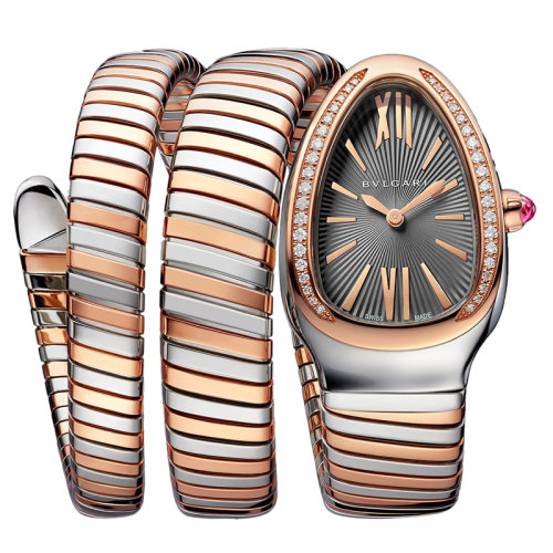 BVLGARI/寶格麗 不銹鋼表殼 18K金玫瑰金表圈和金雙螺旋表鏈和精鋼 鑲嵌明亮式切割鉆石 灰色烤漆表盤 SERPENTI TUBOGAS石英手表 35毫米102680