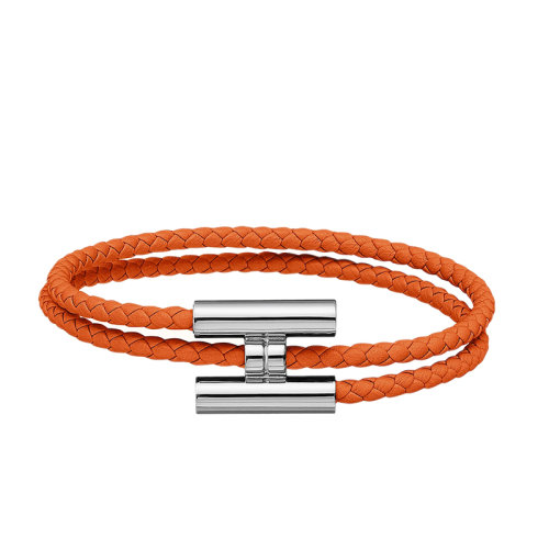 HERMES/愛馬仕 經(jīng)典款Tournis系列 橘色小牛皮編織飾H銀扣手鏈H068406FP93