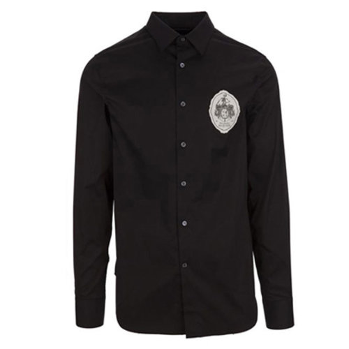  Alexander McQueen/亞歷山大麥昆 男士黑色骷髏頭刺繡混紡長款襯衫