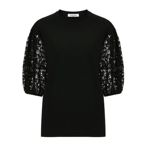 Valentino/華倫天奴 黑色 女士平紋針織與重磅蕾絲泡泡袖T恤 TB3MG03W54J0NO 2020早春