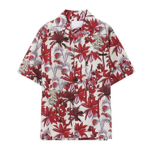 PRADA/普拉達(dá) 白色/紅色 男士通體棕櫚樹印花府綢短袖襯衫 UCS339_1VYX_F0011_S_201