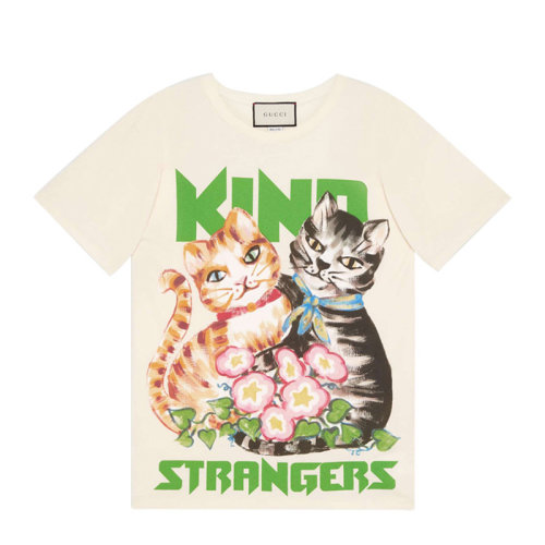 GUCCI/古馳 女裝 服飾 米白色圓領(lǐng)棉質(zhì)貓咪印花半袖 女士短袖T恤貓咪印花