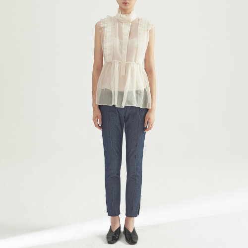 nisiss/怡夕柯根紗壓褶拼接立領(lǐng)無(wú)袖上衣女裝定制N112XF07