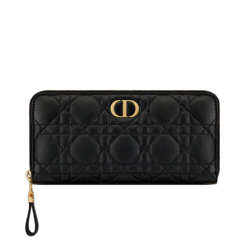 DIOR/迪奧  CARO系列 女士黑色藤格紋柔軟小牛皮長(zhǎng)款拉鏈錢包S5038UWHC_M900