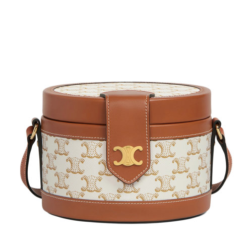 CELINE/賽琳 TAMBOUR系列 女士中號白色凱旋涂層帆布小牛皮飾邊桶包單肩斜挎包195192BZJ.01BC