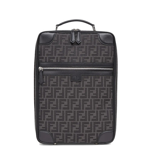 FENDI/芬迪   男士黑色灰色FF圖案提花織物皮革飾邊背包雙肩包7VZ062AG0MF0NPN