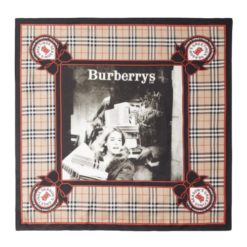 BURBERRY/博柏利 男女同款中性米色桑蠶絲經(jīng)典格紋字母徽標人物印花裝飾方巾絲巾圍巾 8037470