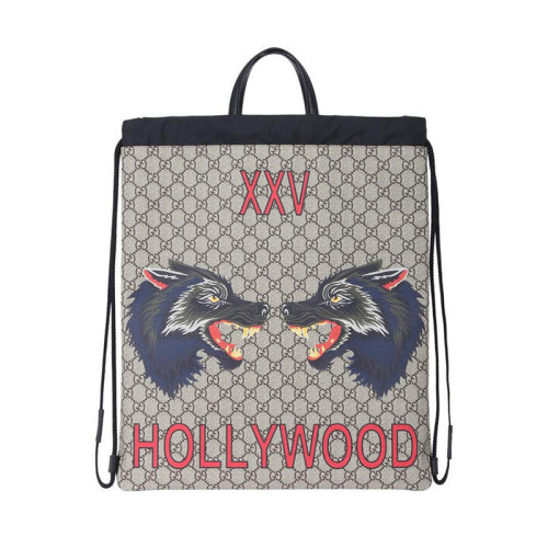 GUCCI/古馳 男包 經(jīng)典雙G 狼頭印花 男士米色雙肩抽繩雙肩背包 4738729HVCT8697