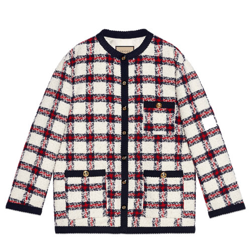 預(yù)訂3周 GUCCI/古馳女士白色/藍(lán)色/紅色格紋花呢夾克660820ZAGLK9098