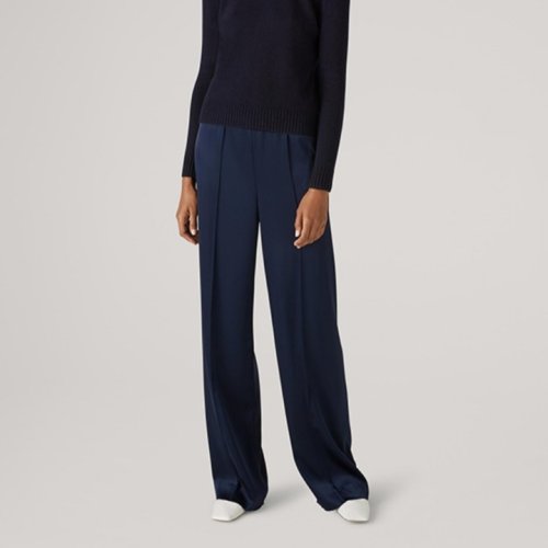 St.John/盛薔藏青色緞面垂感松緊腰闊腿長褲女士休閑褲K821WD1