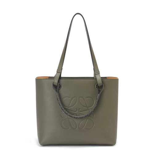 LOEWE/羅意威 22年新款 女士小號(hào)卡其綠帆布小牛皮提花飾徽標(biāo)刺繡藤條手提袋肩背手提托特包A717S72X02-4160