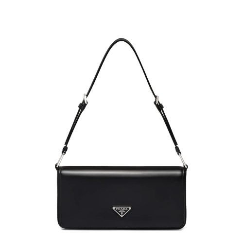 PRADA/普拉達 22年新款Femme系列 女士黑色亮面皮革銀扣金屬三角形徽標單肩斜跨手提包1BD323_ZO6_F0002_V_HOO