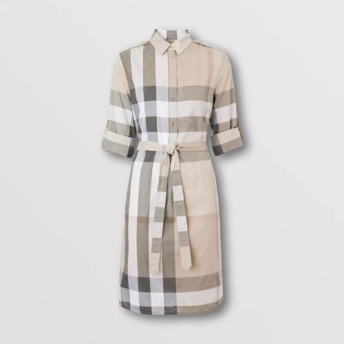  BURBERRY 22年秋冬 女士 格紋棉質(zhì)薄紗襯衫式連衣裙 80652141