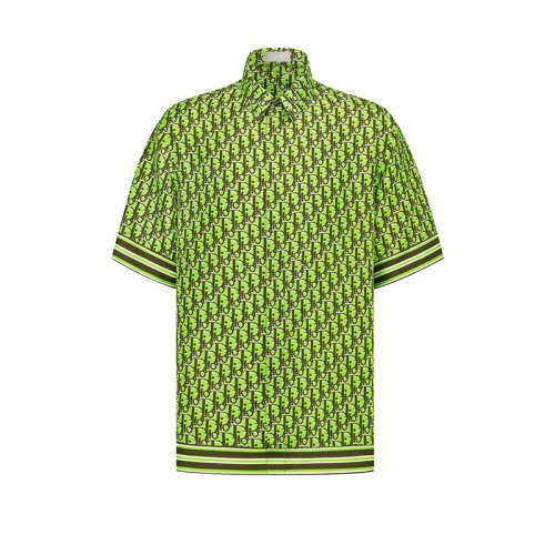 DIOR/迪奧 22年早春新款 男士熒光綠色/卡其色桑蠶絲斜紋面料老花印花短袖襯衫193C545A4751_C686