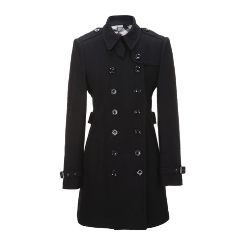 BURBERRY/博柏利 女士黑色羊毛雙排扣束腰修身風(fēng)衣大衣