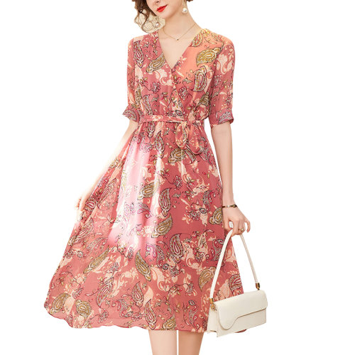 GeleiStory/GeleiStory 夏季新款女裝唯美優(yōu)雅風(fēng)V領(lǐng)系帶高腰飄逸大擺印花中長連衣裙  女裝＞女士裙裝＞女士連衣裙