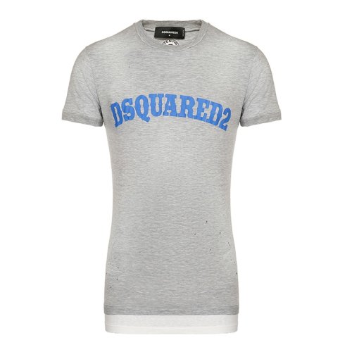 Dsquared2/D二次方 灰色拼米白色下擺-藍(lán)色字母logo 男士短袖T恤
