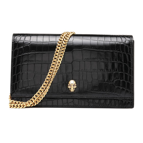 Alexander McQueen/亞歷山大麥昆21新品骷髏徽標(biāo)牛皮革翻蓋女士單肩包鏈條包6302661HB0G