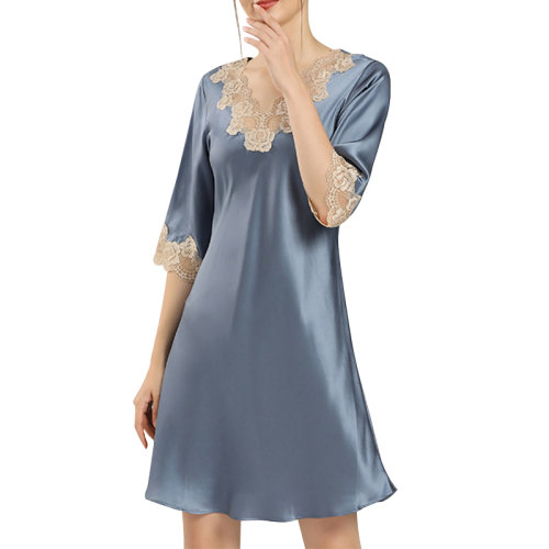 GeleiStory/GeleiStory 夏季新款休閑居家中袖蕾絲性感桑蠶絲真絲睡裙 女睡衣/家居服