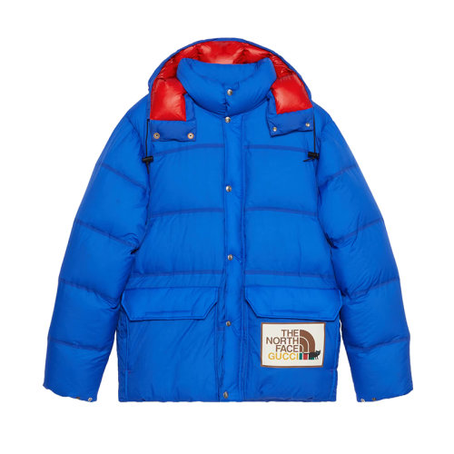 GUCCI/古馳 22秋冬款 The North Face聯(lián)名系列 ?男士藍色聚酰胺飾有彩色網(wǎng)絡(luò)條紋LOGO標(biāo)志背面印花LOGO圖案可拆卸風(fēng)帽羽絨服663753XAACW4316