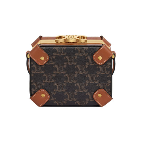 CELINE/賽琳 22新款 TRIOMPHE BOX系列 女士黃褐色老花帆布配皮金屬搭扣調(diào)節(jié)肩帶單肩包199292BZJ.04LU