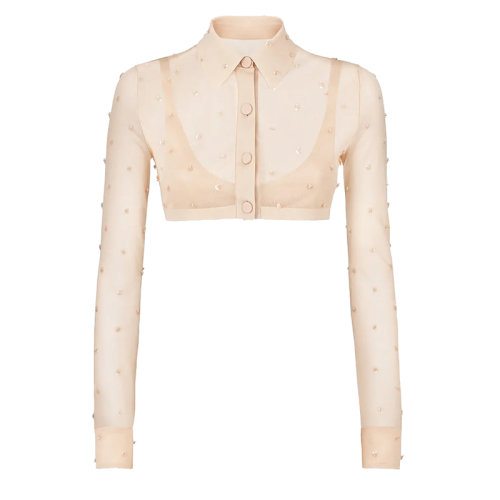 FENDI/芬迪 女士粉色真絲襯衫領長袖短開衫FZC897AHEAF1ENM