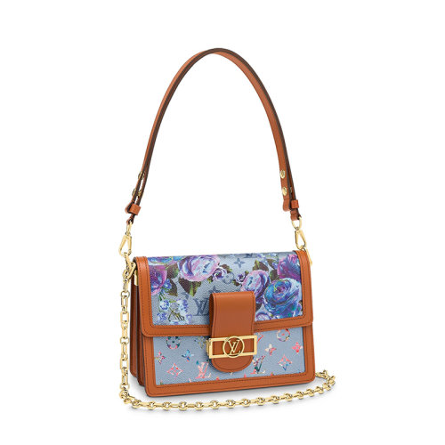 Louis Vuitton/路易威登 22新款DAUPHINE系列 女士中號(hào)藍(lán)色帆布飾花朵印花棕色皮革滾邊細(xì)節(jié)金扣金鏈單肩斜跨手提包M21266
