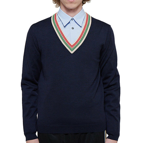 GUCCI/古馳  古琦男裝 紅綠條紋 男士深藍色羊毛時尚V領套頭秋冬針織衫/毛衣 599917 XKA5C 4437