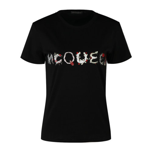 Alexander McQueen/亞歷山大麥昆  女裝 品牌字母LOGO 女士棉質(zhì)時尚圓領(lǐng)春夏短袖T恤 507119QKZ080900