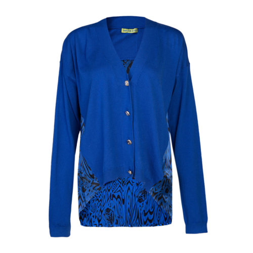 VERSACE/范思哲 女士藍(lán)色棉質(zhì)混紡粘膠纖維印花裝飾V領(lǐng)長袖上衣羊毛衫 B4HMA839-6142-225