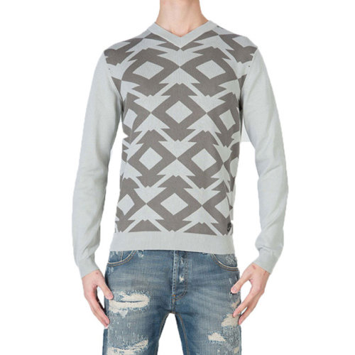 VERSACE JEANS/范思哲牛仔 男士灰色棉質(zhì)V領(lǐng)長(zhǎng)袖上衣針織衫套頭衫 B5GLB804-6643-817