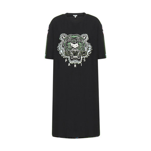 KENZO/高田賢三  凱卓女裝 經(jīng)典虎頭圖案 女士黑色棉質(zhì)時(shí)尚百搭圓領(lǐng)短袖連衣裙 FA52RO1935AC.59