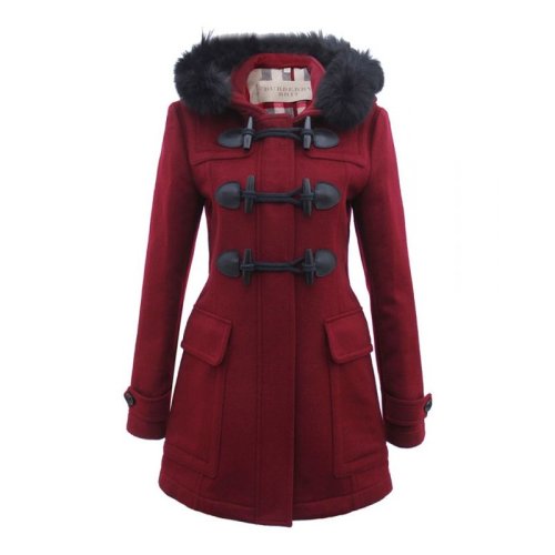 BURBERRY/博柏利 女士紅色羊毛牛角扣連帽保暖大衣中長款外套