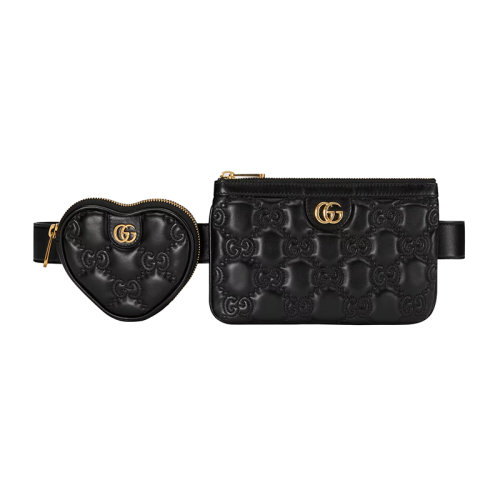 GUCCI/古馳 22新款 女士黑色絎縫GG皮革金色飾面雙G配心形錢包拉鏈開合腰包723779UM8IG1000
