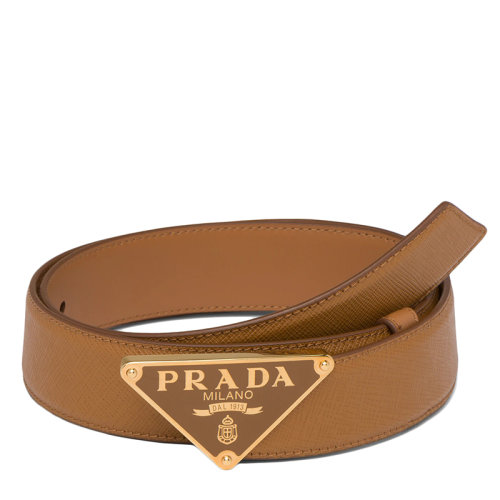PRADA/普拉達(dá)  女士焦糖色摩洛哥皮革琺瑯金屬扣腰帶30毫米144S49MY603_X0854
