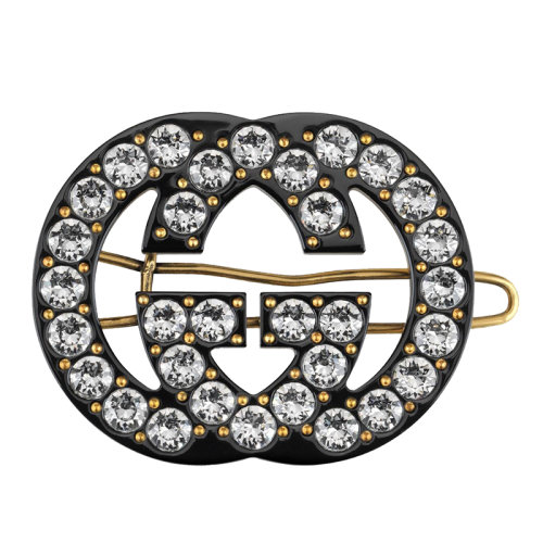 GUCCI/古馳  金屬鍍金  GG細(xì)節(jié) 黑色樹脂 透明晶體發(fā)夾627917I12GO8520