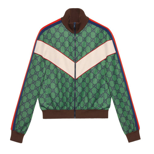 GUCCI/古馳 21年春夏新款 男士綠色織帶飾帶拉鏈 GG 針織夾克653367XJDF03305