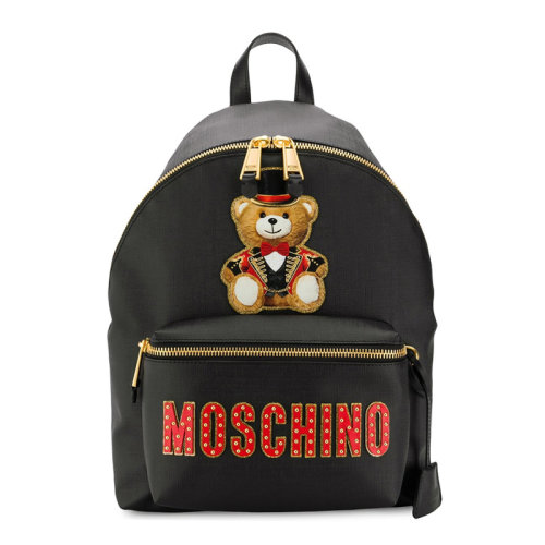 MOSCHINO/莫斯奇諾 女士黑色PU時(shí)尚經(jīng)典logo泰迪熊圖案雙肩包背包女包