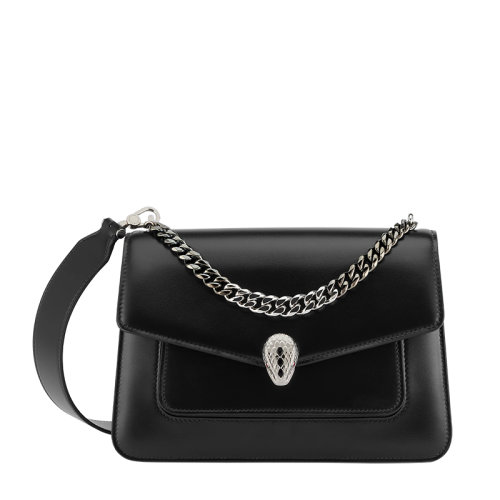 BVLGARI/寶格麗 SERPENTI FOREVER系列 女士中號黑色小牛皮蛇首搭扣斜挎單肩包291511