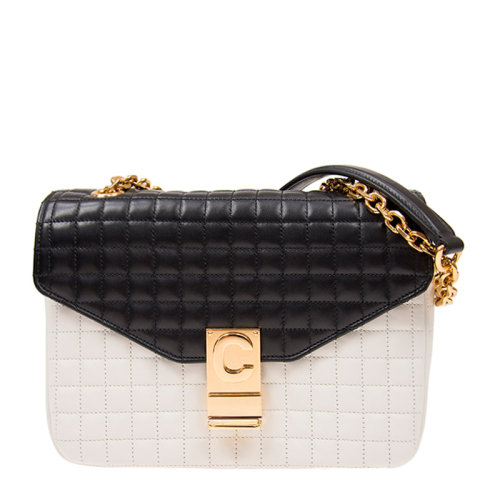 CELINE/賽琳 女士黑白拼色小牛皮方格紋絎縫經(jīng)典字母C扣單肩包斜挎包鏈條包女包 187253-BFD-01WB