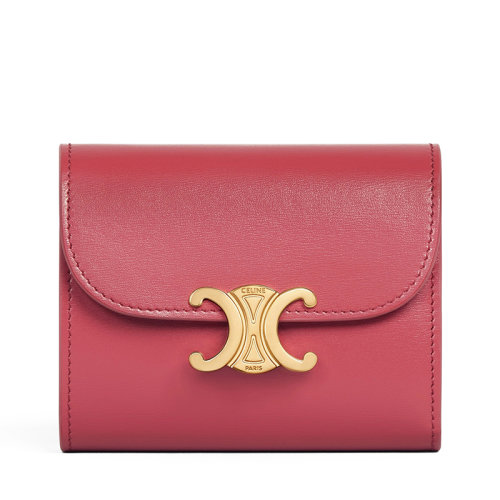 CELINE/賽琳 22新款TRIOMPHE系列 女士小號口紅色亮澤小牛皮飾凱旋金扣折疊錢包10D783DPV.27LK