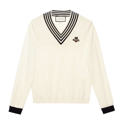 GUCCI/古馳 20春夏鹿晗同款男裝服裝羊毛V領(lǐng)蜜蜂刺繡時(shí)尚休閑毛衣男士針織衣